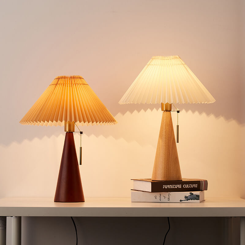 Wooden Table Lamp LED Modern Vintage Style with Pleated Fabric Shade in Solid Rubberwood