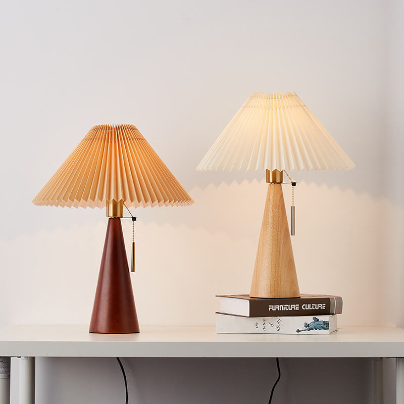 Wooden Table Lamp LED Modern Vintage Style with Pleated Fabric Shade in Solid Rubberwood