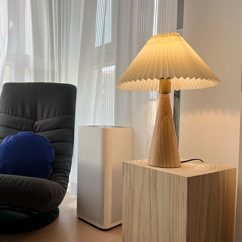 Wooden Table Lamp LED Modern Vintage Style with Pleated Fabric Shade in Solid Rubberwood