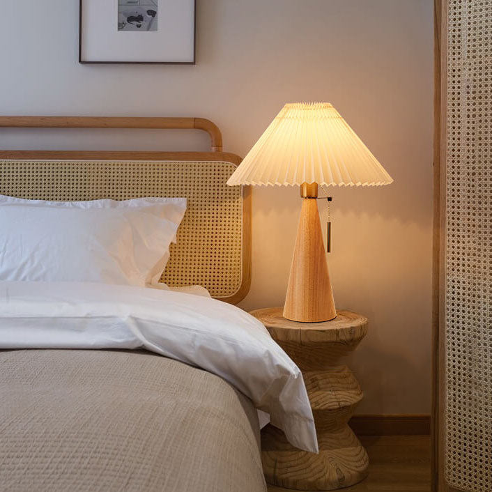 Wooden Table Lamp LED Modern Vintage Style with Pleated Fabric Shade in Solid Rubberwood