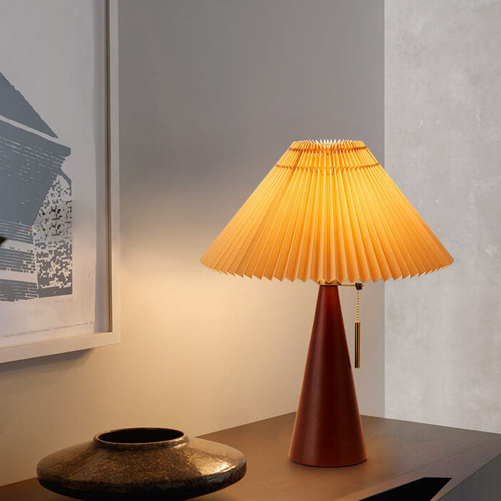 Wooden Table Lamp LED Modern Vintage Style with Pleated Fabric Shade in Solid Rubberwood
