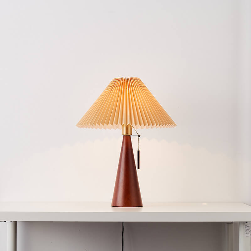 Wooden Table Lamp LED Modern Vintage Style with Pleated Fabric Shade in Solid Rubberwood