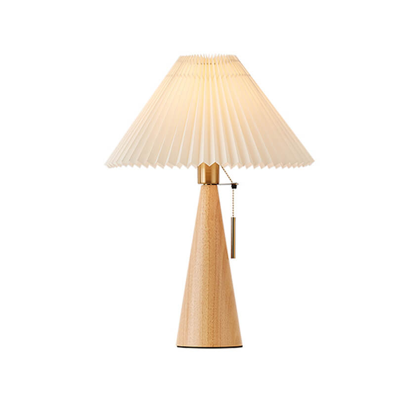 Wooden Table Lamp LED Modern Vintage Style with Pleated Fabric Shade in Solid Rubberwood