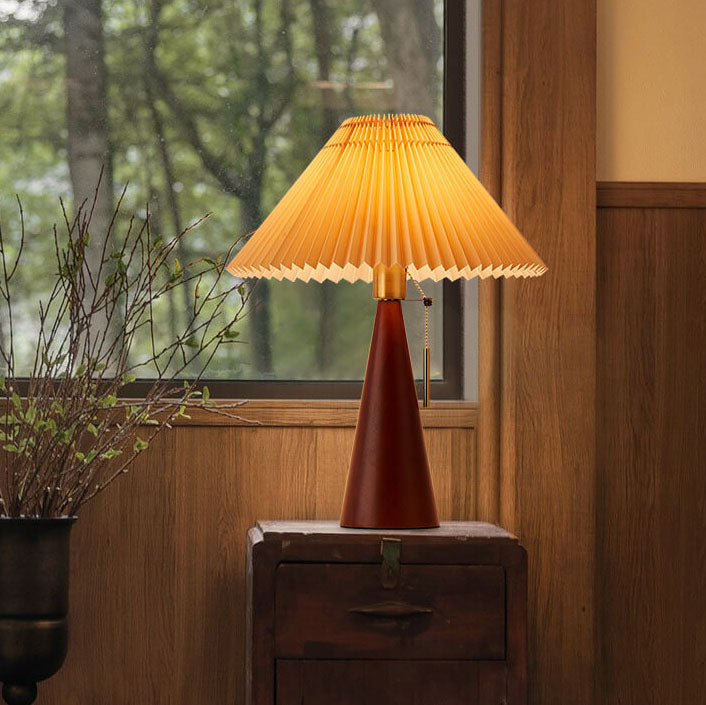 Wooden Table Lamp LED Modern Vintage Style with Pleated Fabric Shade in Solid Rubberwood