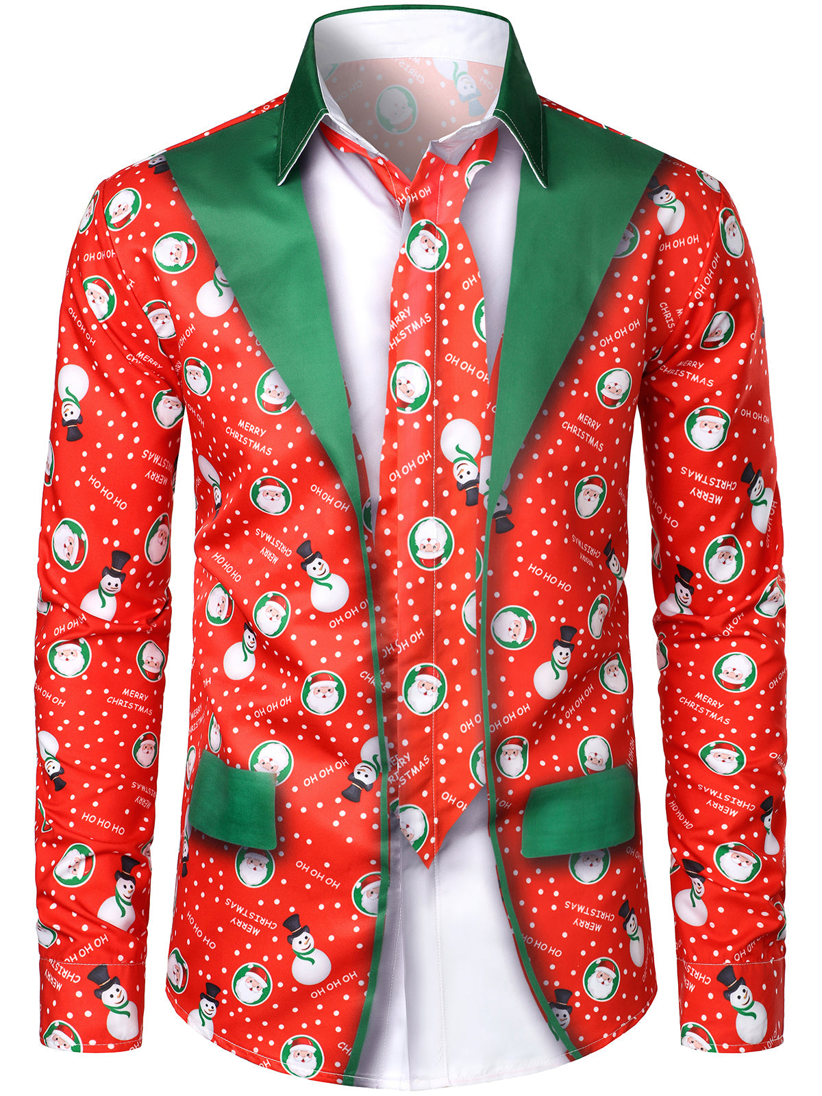 Christmas Snowman and Santa Print Shirt Red Long Sleeve Button Front for Men