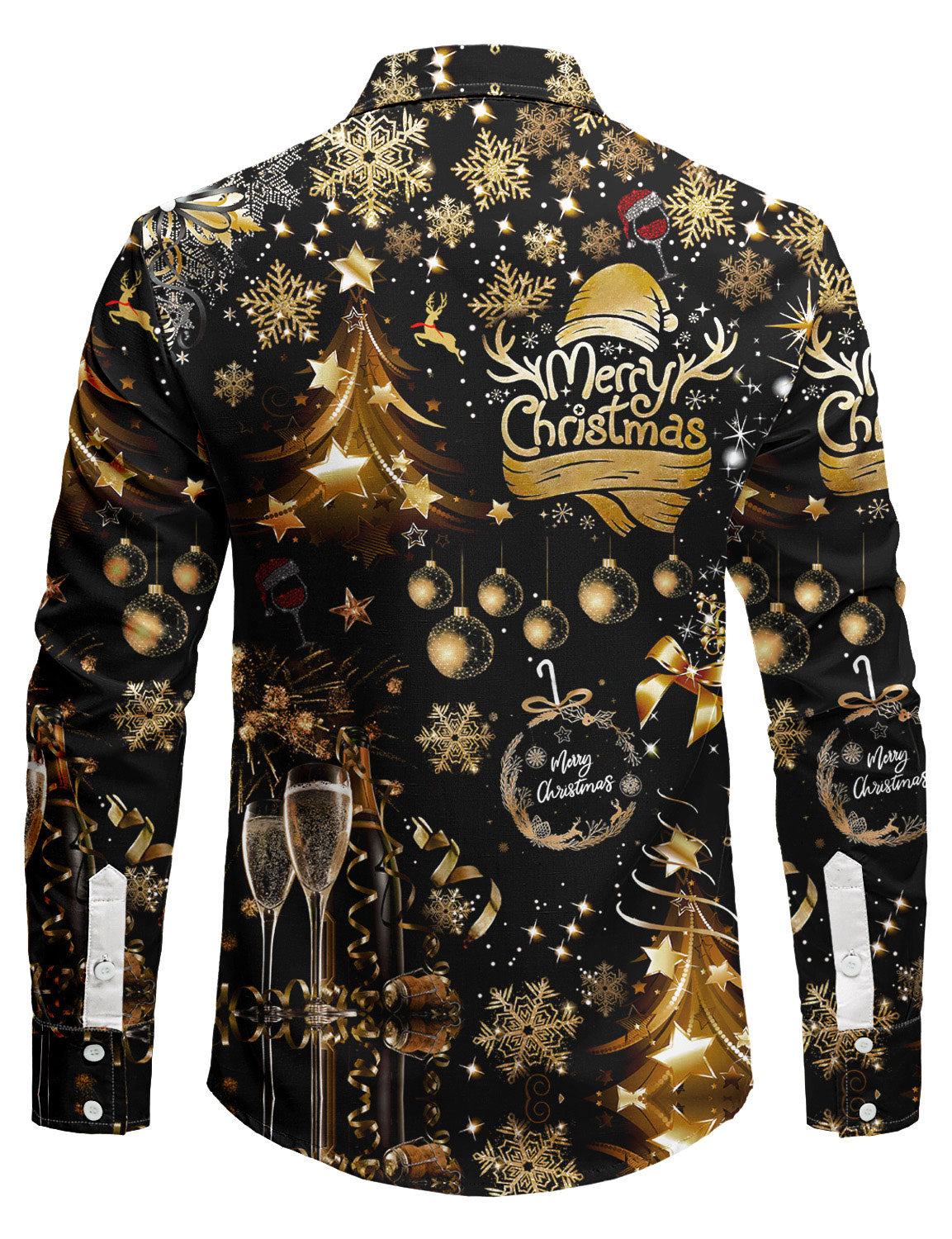 Mens Christmas Shirt Long Sleeve Button Front with Golden Champagne Festive Print
