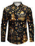 Mens Christmas Shirt Long Sleeve Button Front with Golden Champagne Festive Print