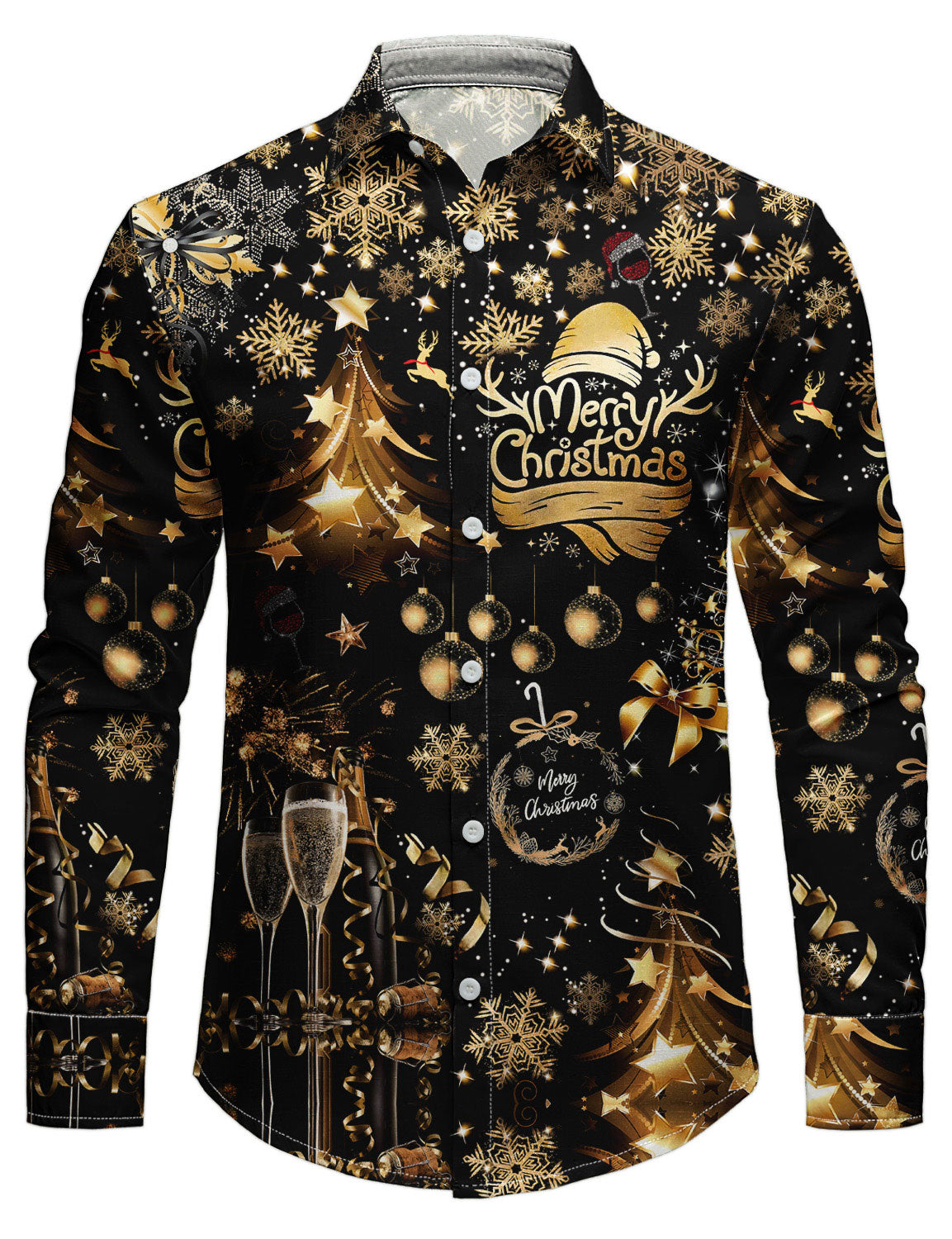Mens Christmas Shirt Long Sleeve Button Front with Golden Champagne Festive Print