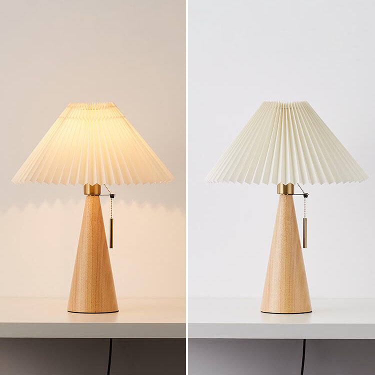 Wooden Table Lamp LED Modern Vintage Style with Pleated Fabric Shade in Solid Rubberwood