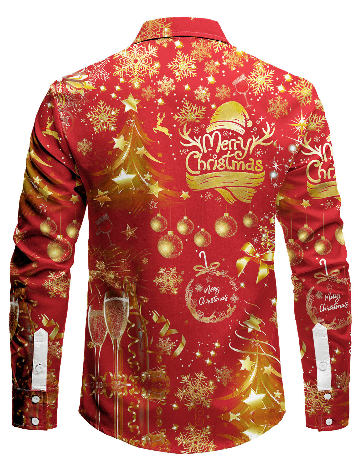 Mens Christmas Shirt Long Sleeve Button Front with Golden Champagne Festive Print