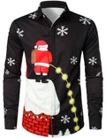 Mens Christmas Shirt Black Novelty Santa Print Long Sleeve Button Front Top