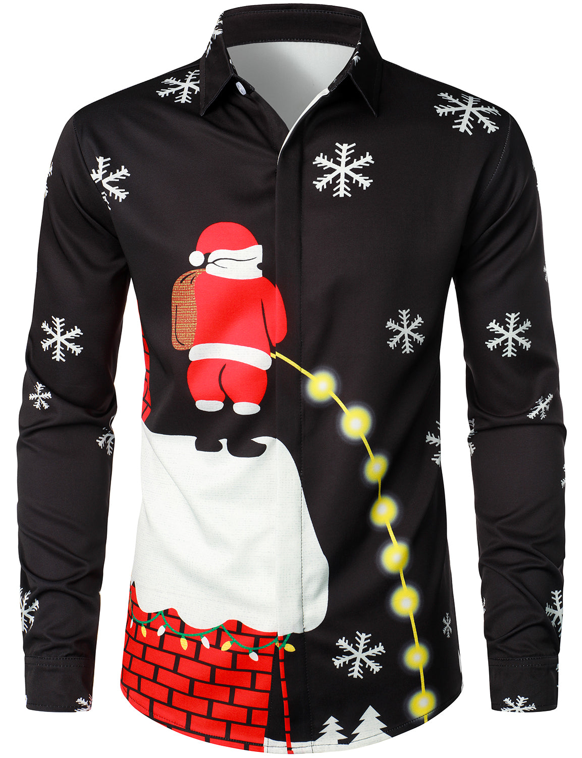 Mens Christmas Shirt Black Novelty Santa Print Long Sleeve Button Front Top