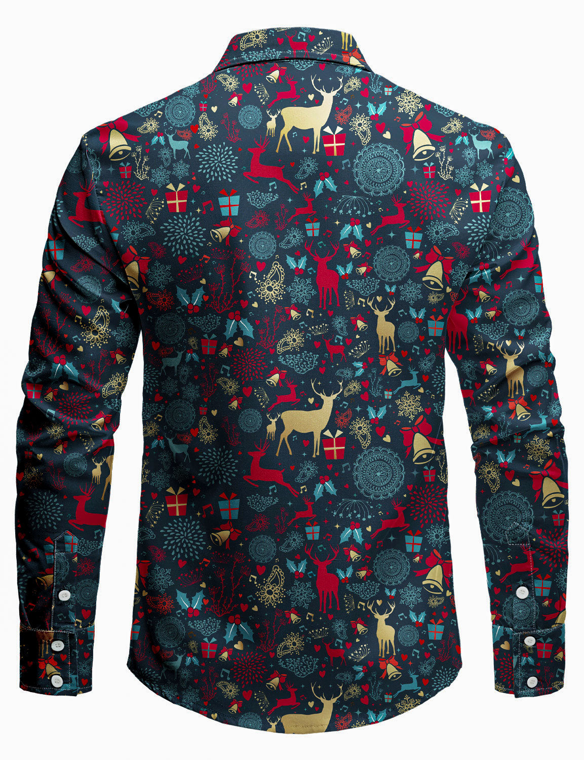 Mens Christmas Shirt Vintage Reindeer Print Long Sleeve Festive Holiday Top
