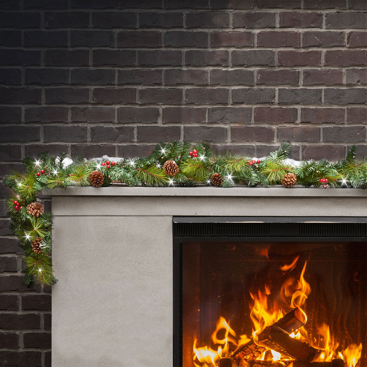 Pre Lit Garland 9 Foot Cordless with 40 White LEDs Berries and Cones