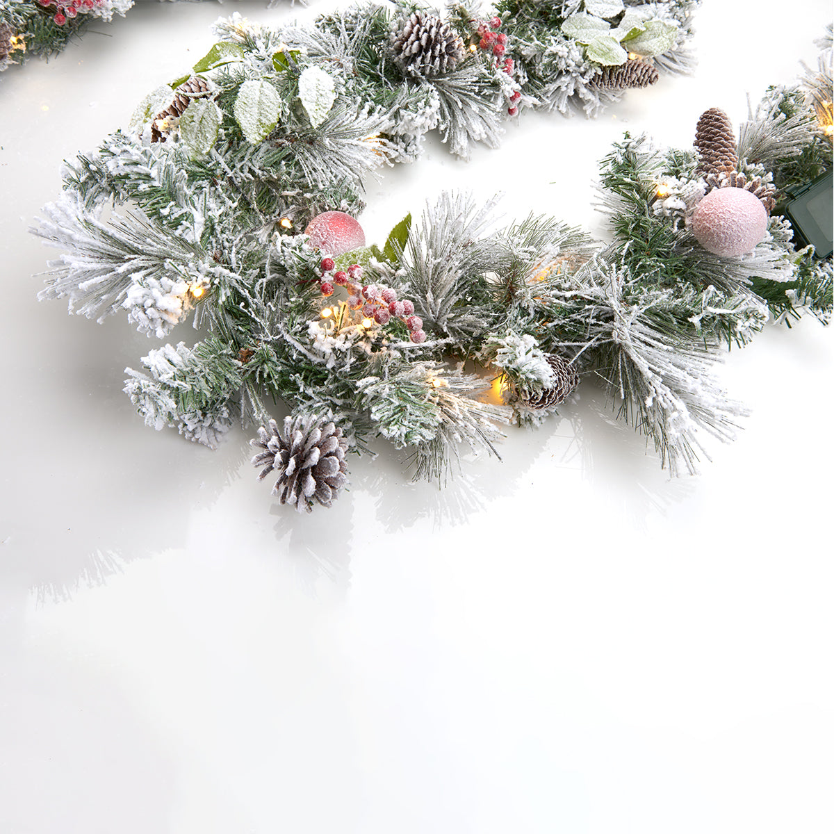 Pre Lit Garland White Flocked 9 Foot Cordless with Timer and 40 LEDs