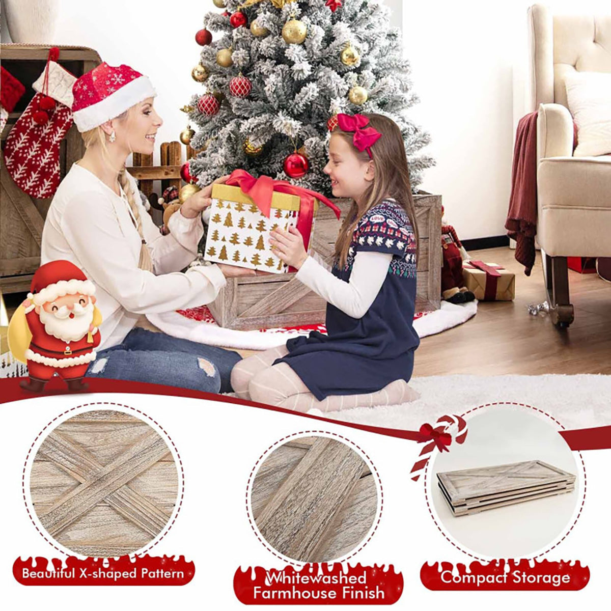 Christmas Tree Skirt Alternative Wooden Collar 72 cm in Whitewashed Wood