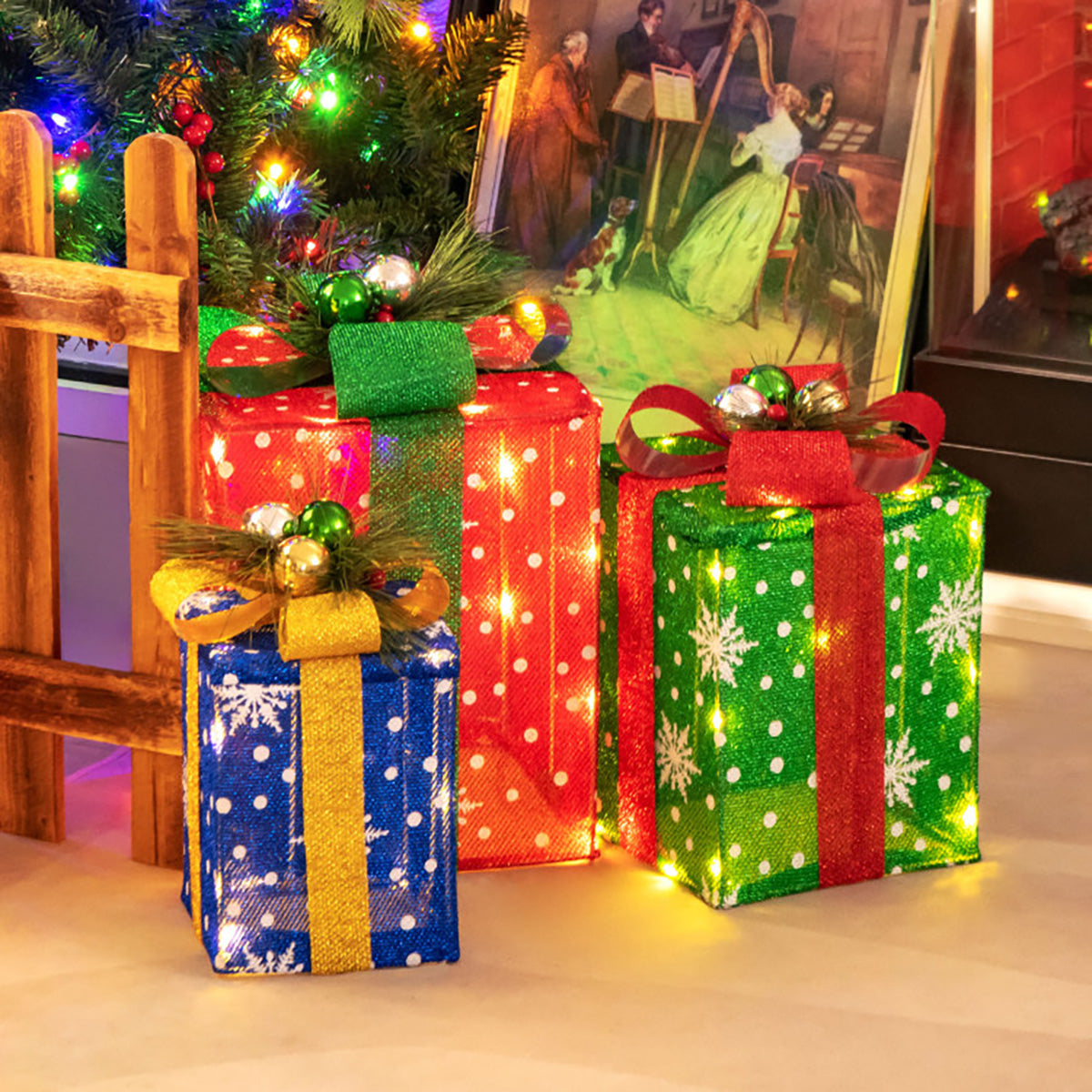 Christmas Decorations Lit Gift Boxes Set of 3 with 52 LEDs in Tinsel Fabric