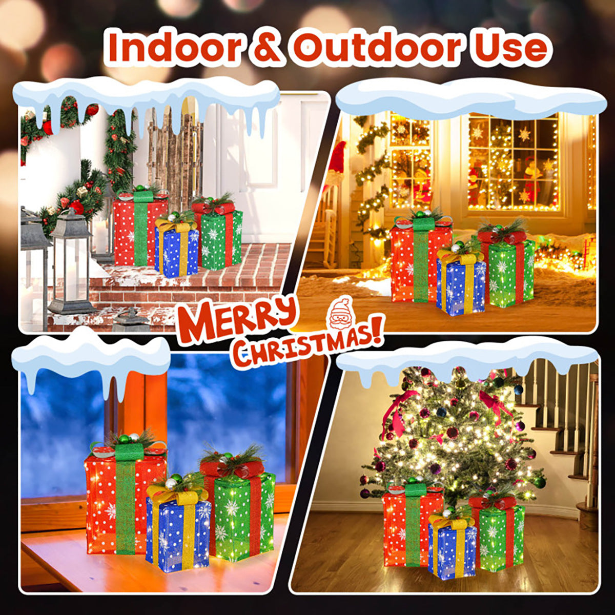 Christmas Decorations Lit Gift Boxes Set of 3 with 52 LEDs in Tinsel Fabric