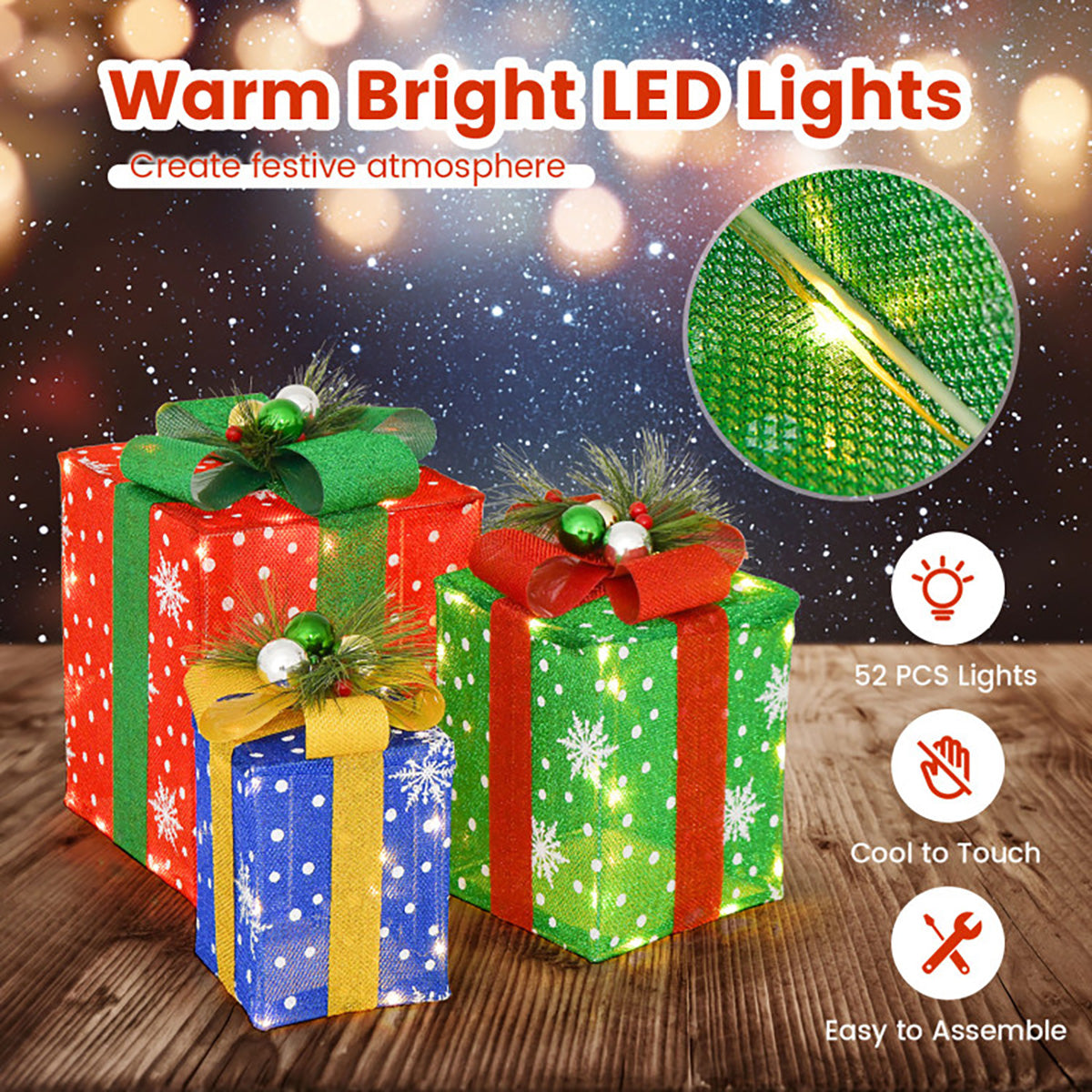 Christmas Decorations Lit Gift Boxes Set of 3 with 52 LEDs in Tinsel Fabric
