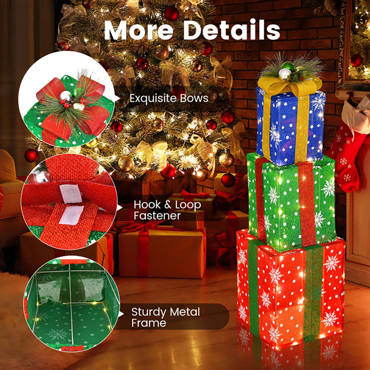 Christmas Decorations Lit Gift Boxes Set of 3 with 52 LEDs in Tinsel Fabric