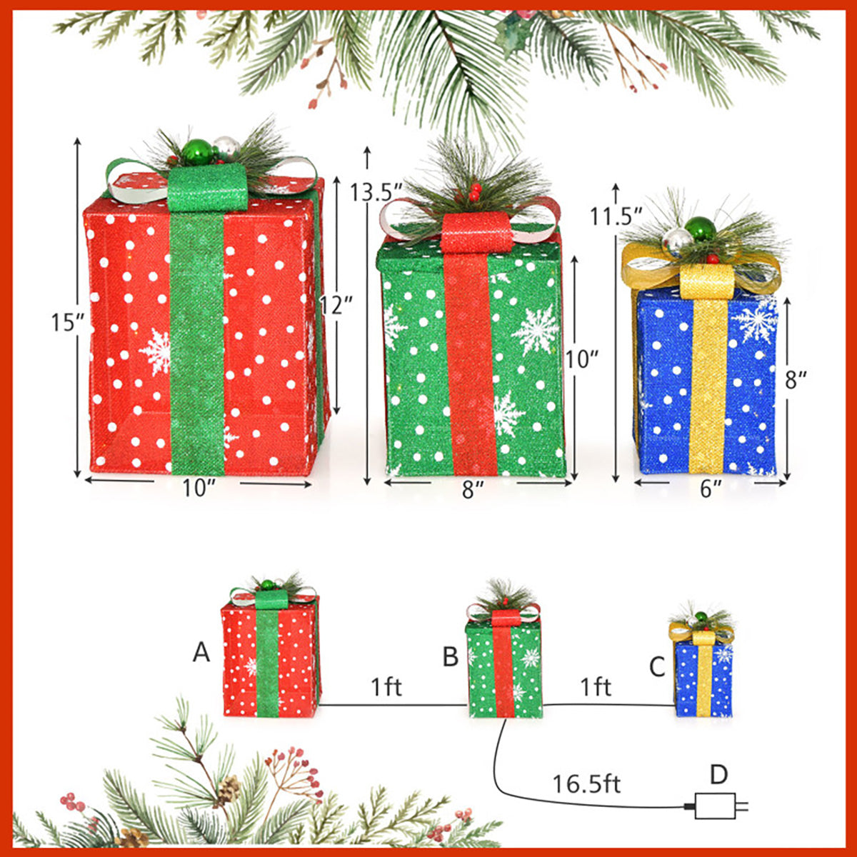 Christmas Decorations Lit Gift Boxes Set of 3 with 52 LEDs in Tinsel Fabric