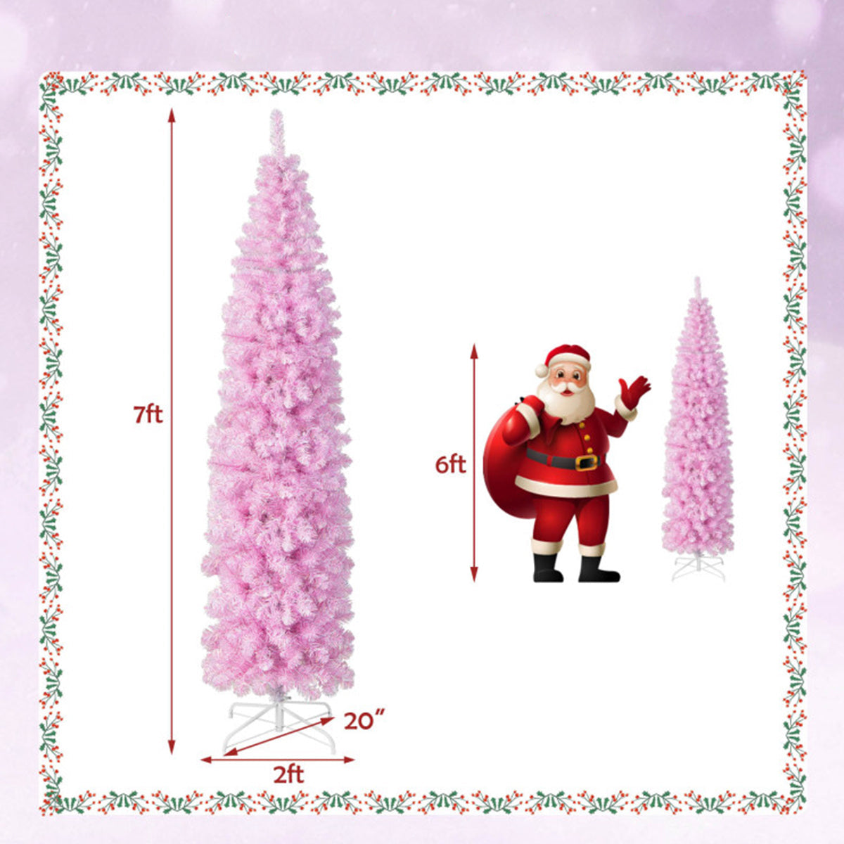 Artificial Christmas Tree Pink Pencil 7 Foot with 670 Leaves and Cold LEDs
