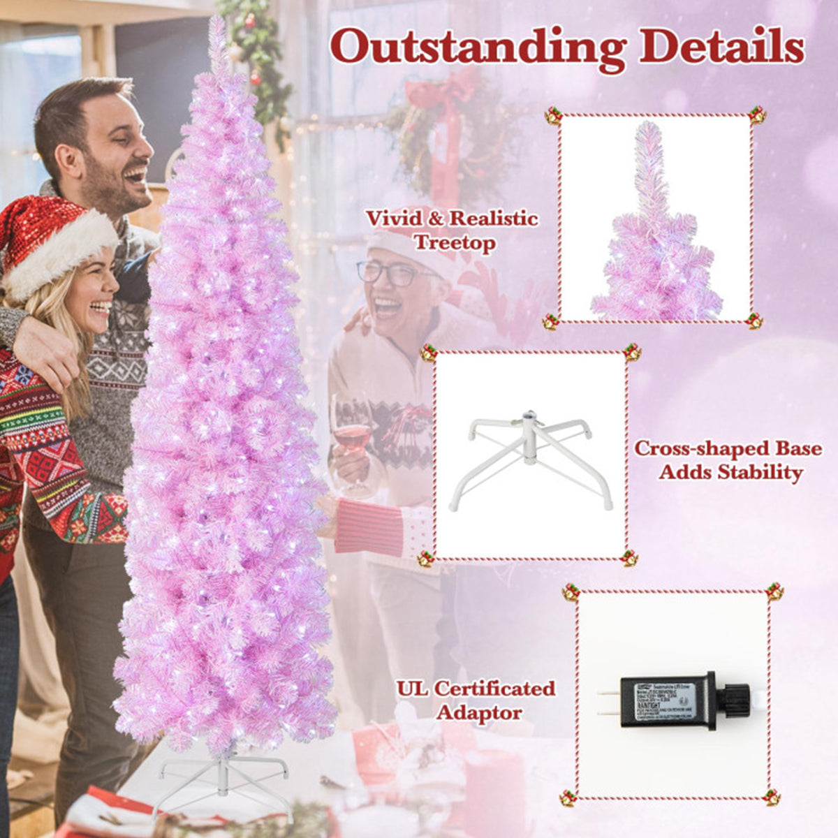 Artificial Christmas Tree Pink Pencil 7 Foot with 670 Leaves and Cold LEDs