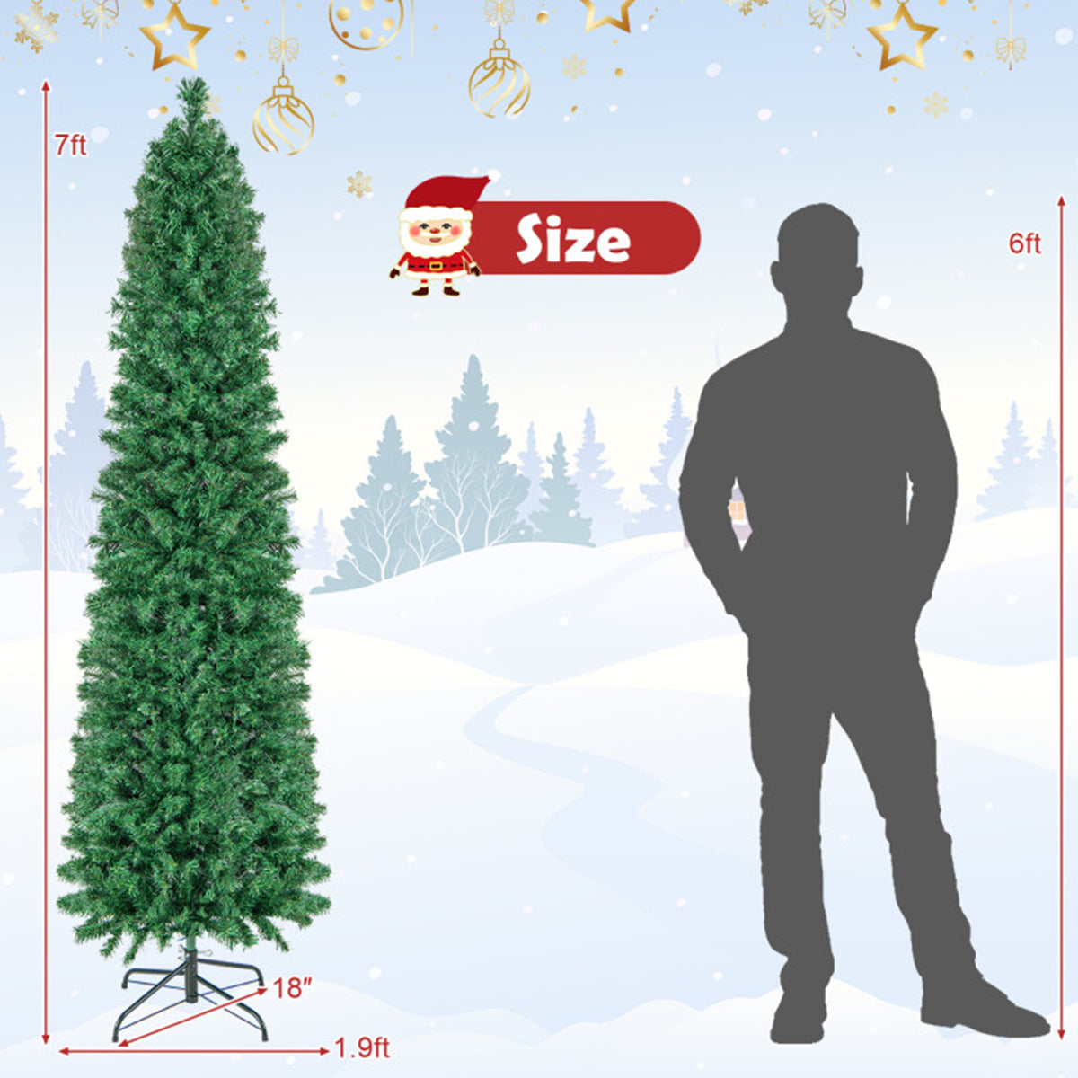 Artificial Christmas Tree Pencil 7 Foot Pre Lit with Fibre Optic Colour