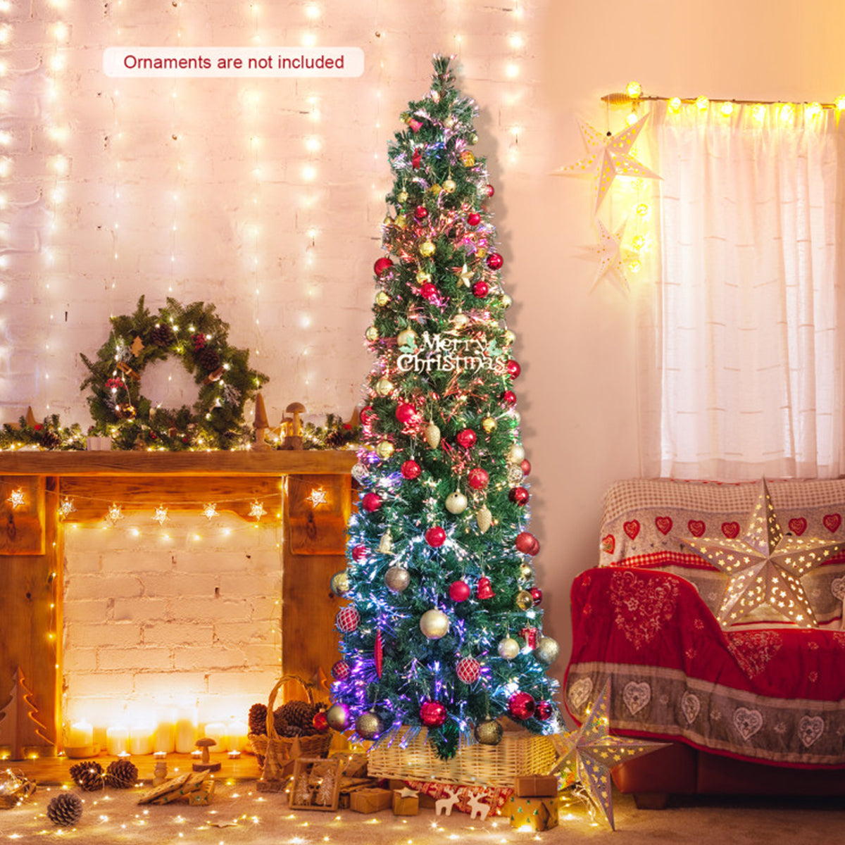 Artificial Christmas Tree Pencil 7 Foot Pre Lit with Fibre Optic Colour