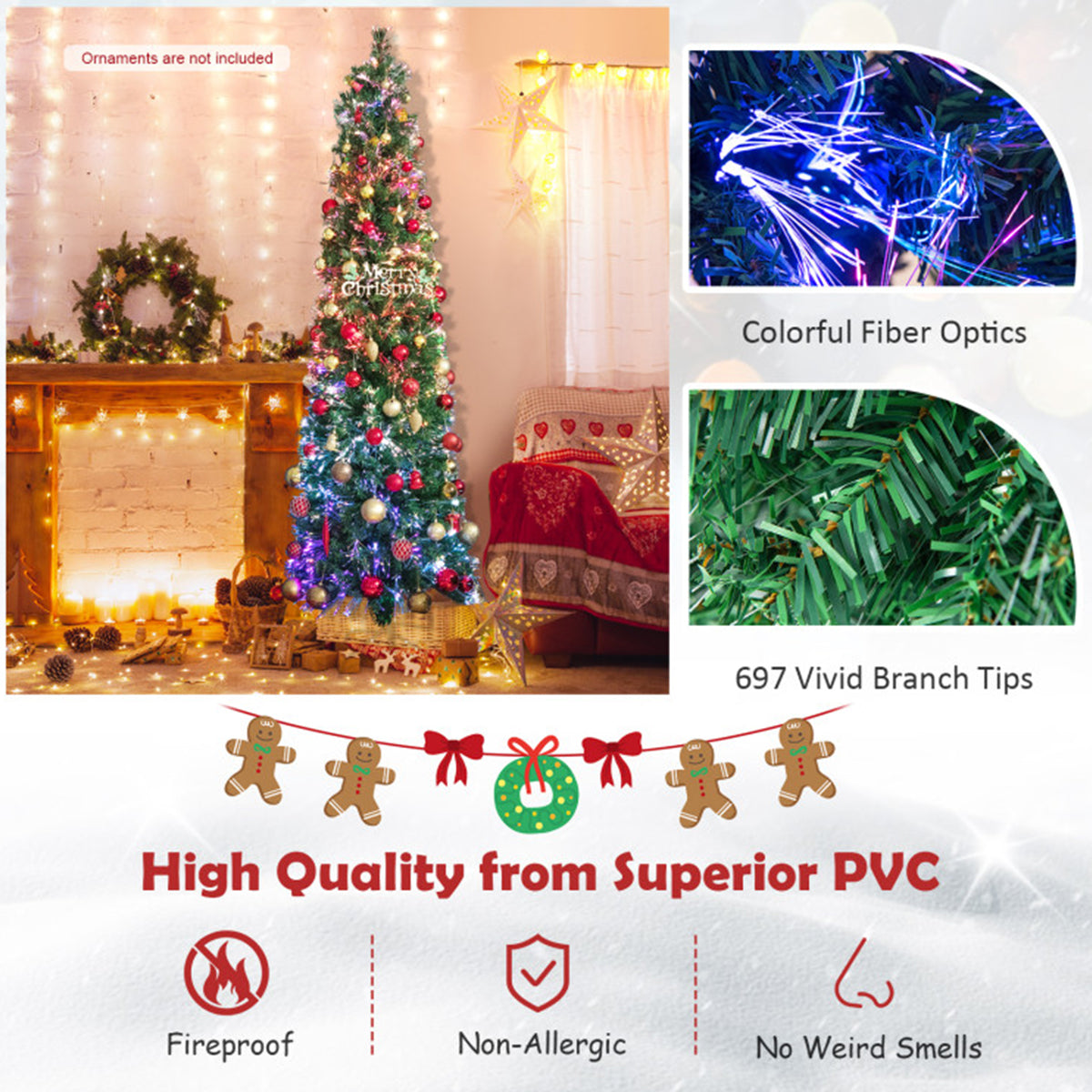 Artificial Christmas Tree Pencil 7 Foot Pre Lit with Fibre Optic Colour