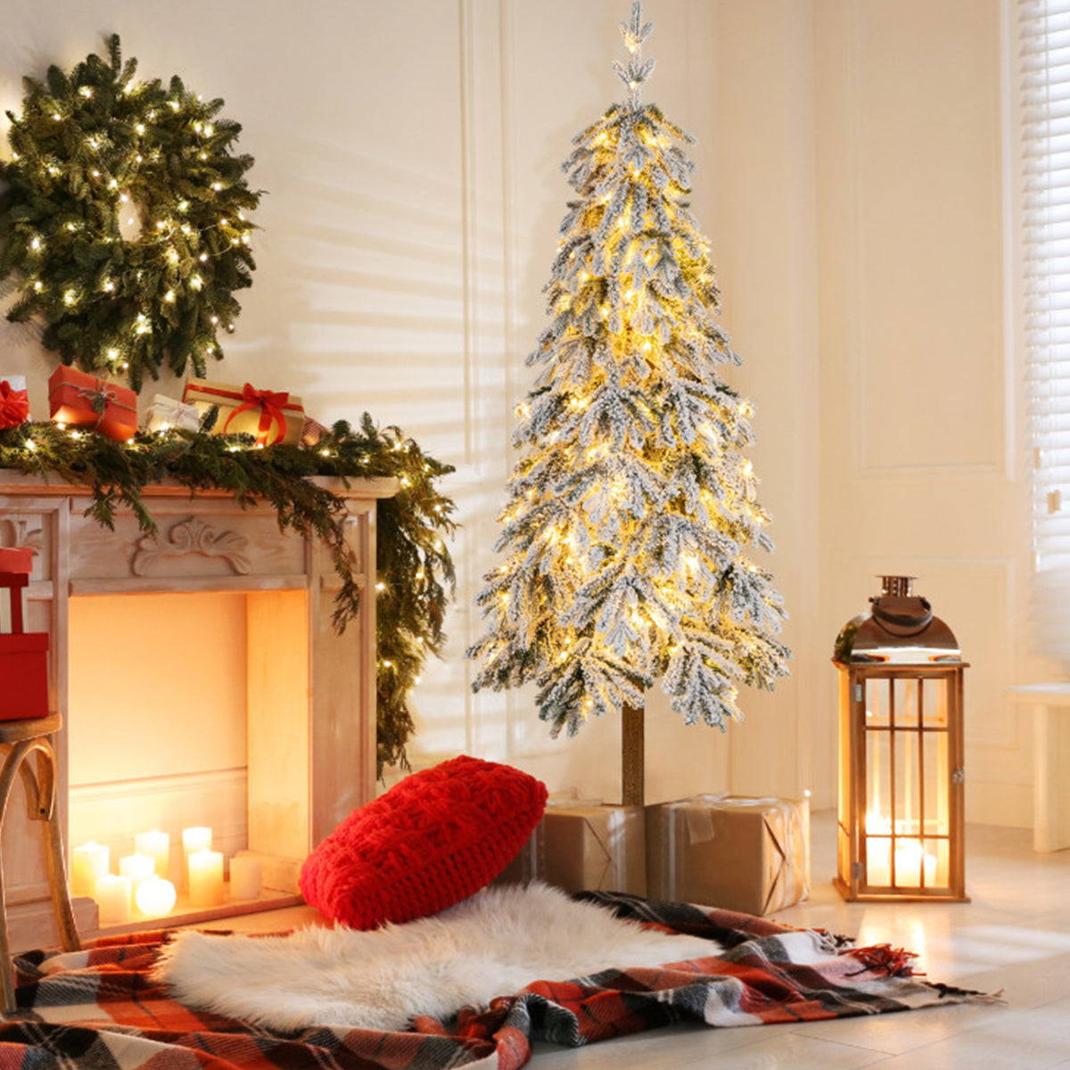 Artificial Christmas Tree Flocked 6 Foot Pre Lit with 220 LEDs in 11 Modes