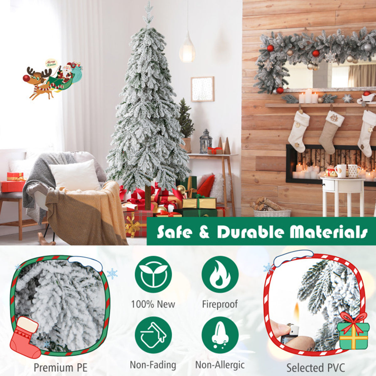 Artificial Christmas Tree Flocked 6 Foot Pre Lit with 220 LEDs in 11 Modes