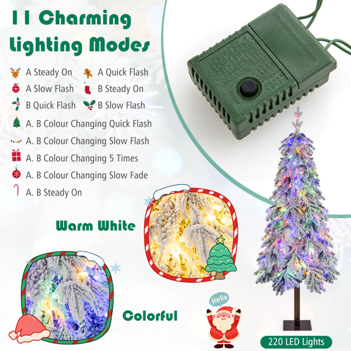 Artificial Christmas Tree Flocked 6 Foot Pre Lit with 220 LEDs in 11 Modes