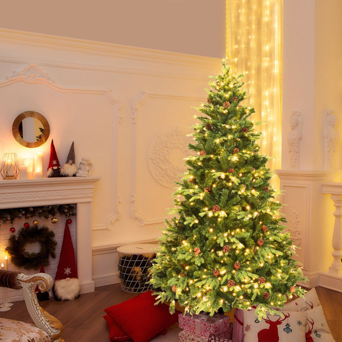 Artificial Christmas Tree Pre Lit 7 Foot with Pinecones and Iron Stand