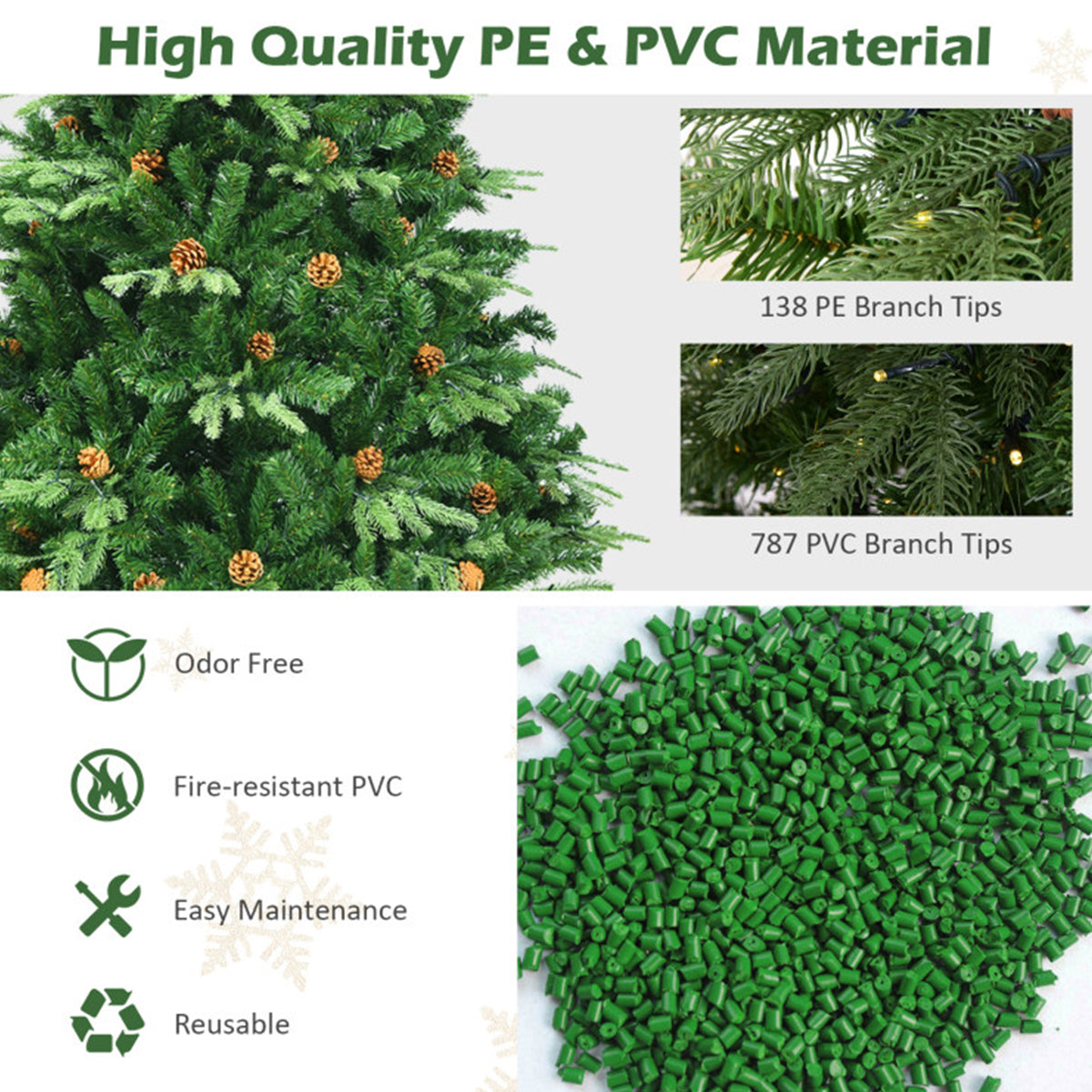 Artificial Christmas Tree Pre Lit 7 Foot with Pinecones and Iron Stand