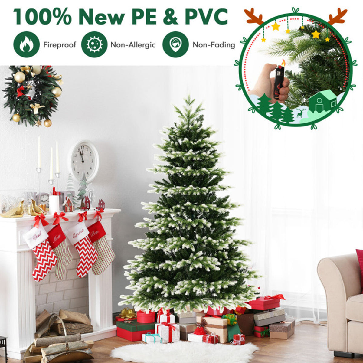 Pre Lit Christmas Tree Snowy Tipped Hinged with 2489 Branch Tips and Remote