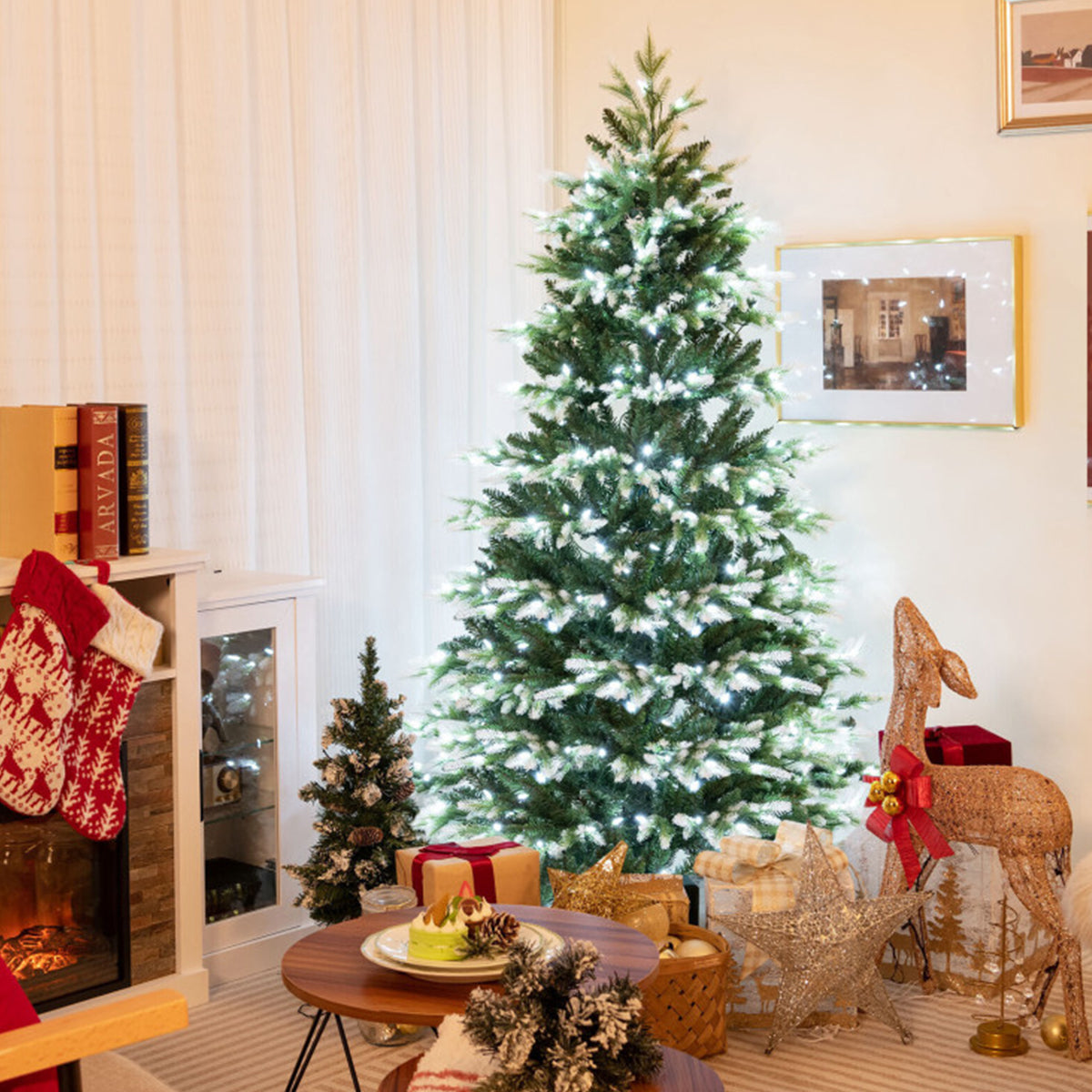 Pre Lit Christmas Tree Snowy Tipped Hinged with 2489 Branch Tips and Remote