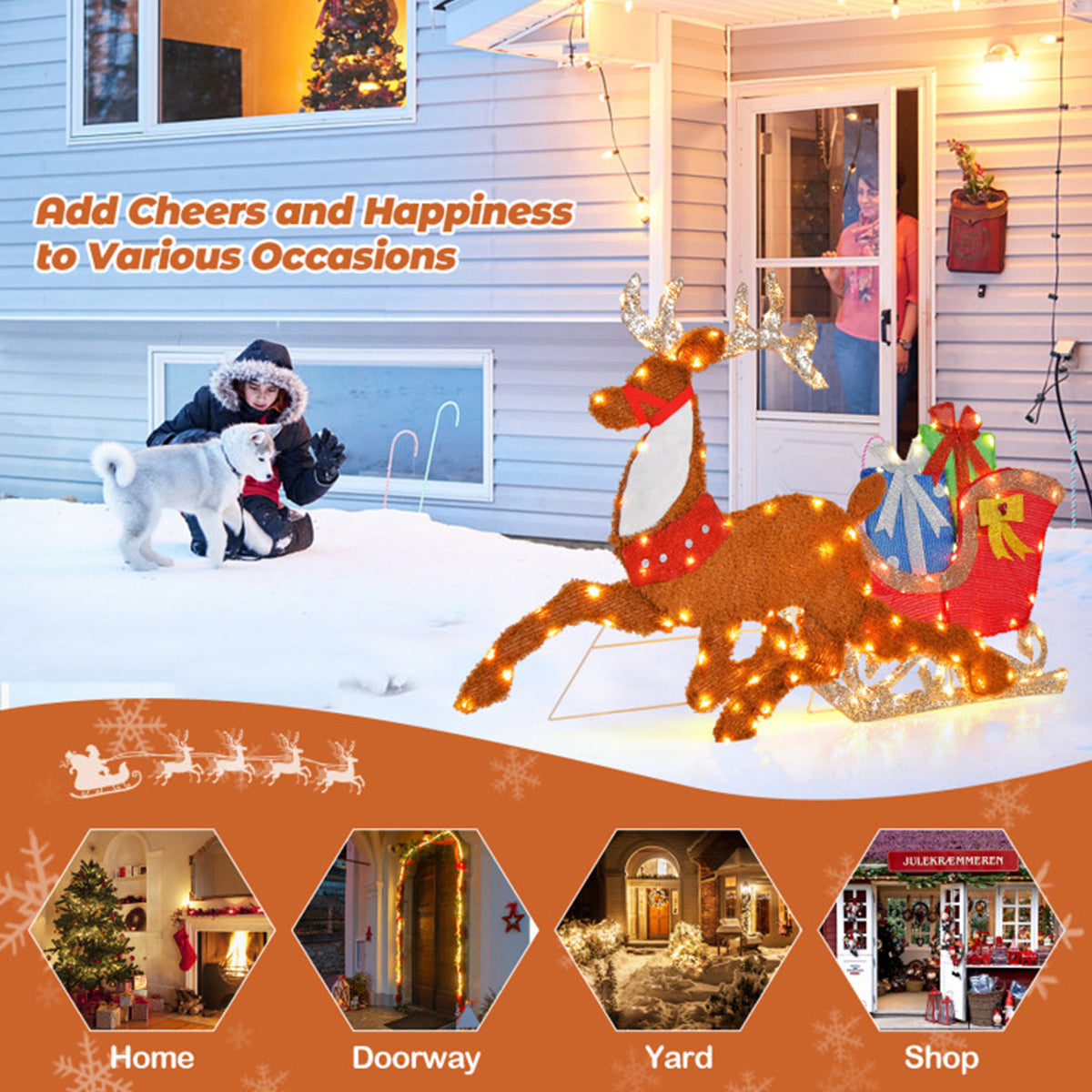 Christmas Decorations Reindeer and Sleigh Pre Lit with 200 LEDs for Gardens