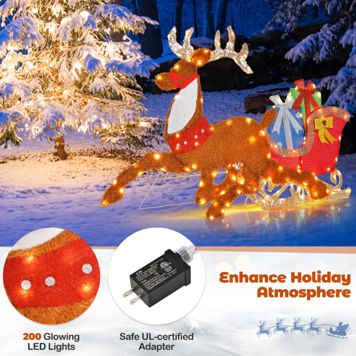 Christmas Decorations Reindeer and Sleigh Pre Lit with 200 LEDs for Gardens