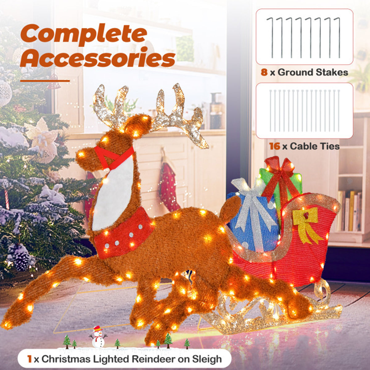 Christmas Decorations Reindeer and Sleigh Pre Lit with 200 LEDs for Gardens