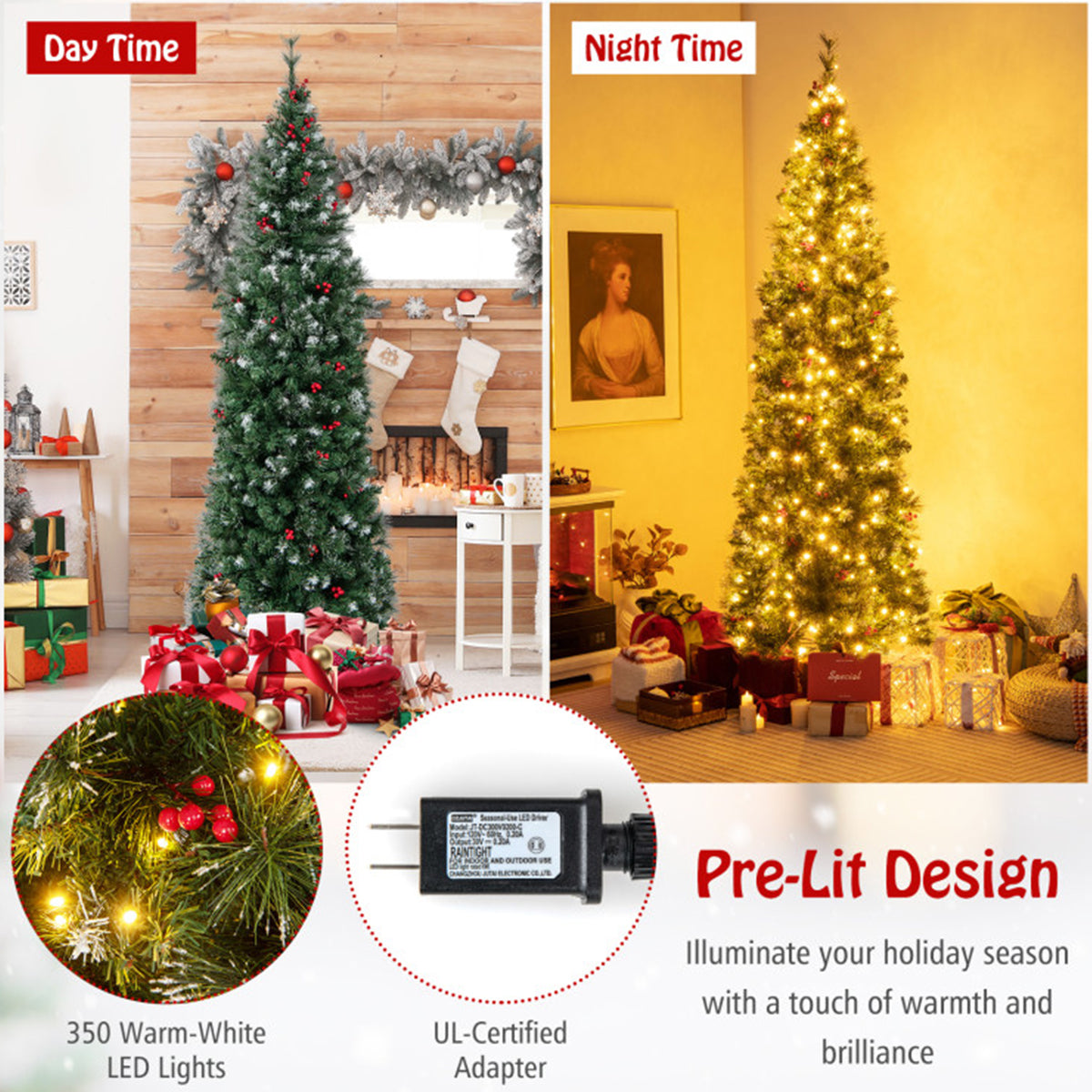 Artificial Christmas Tree Pencil Pre Lit from 7 to 9 Foot with Red Berries