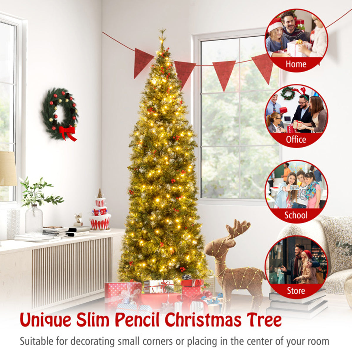 Artificial Christmas Tree Pencil Pre Lit from 7 to 9 Foot with Red Berries