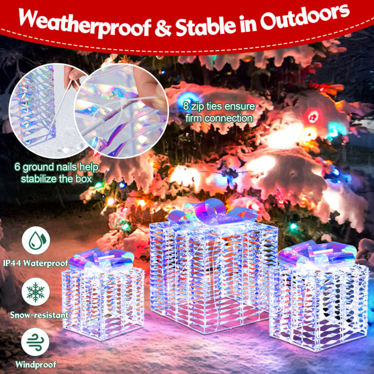 Christmas Decorations Iridescent Gift Boxes with 156 LEDs and Ground Stakes