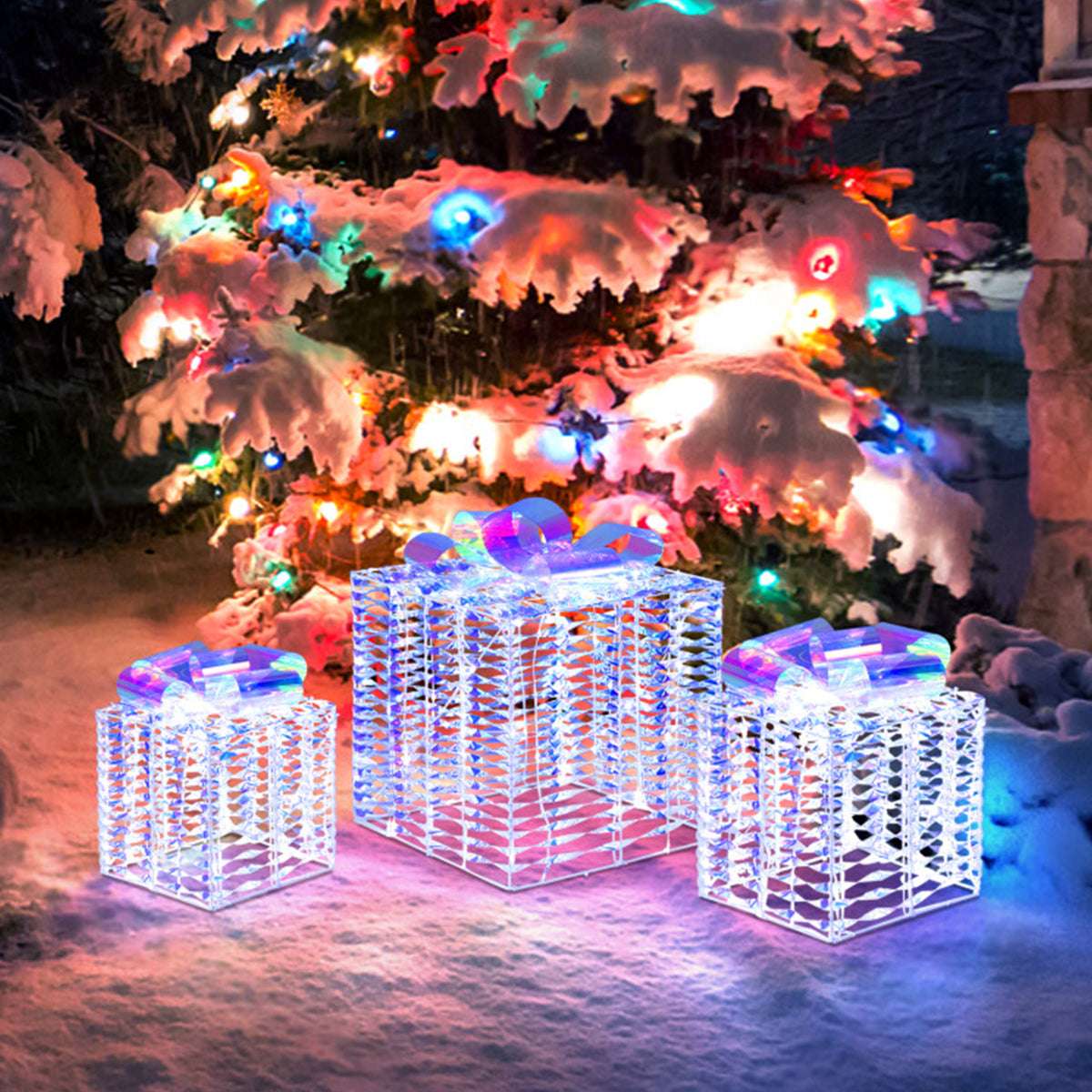 Christmas Decorations Iridescent Gift Boxes with 156 LEDs and Ground Stakes