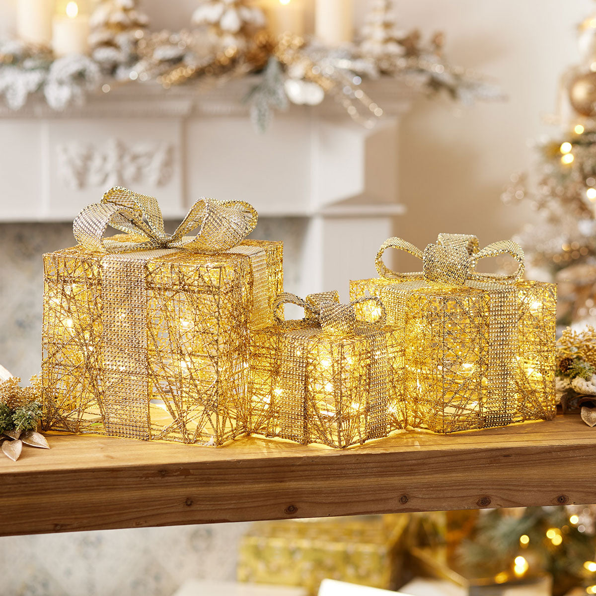 Christmas Decorations Lit Gift Boxes Set of 3 in Gold or White at 18 to 28 cm