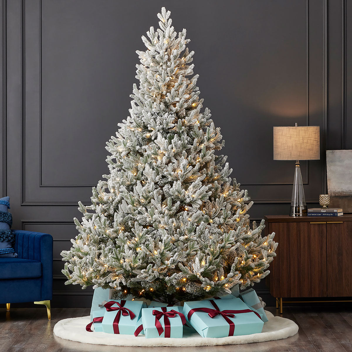 Flocked Christmas Tree Fir at 7.5 or 9 Foot Pre Lit