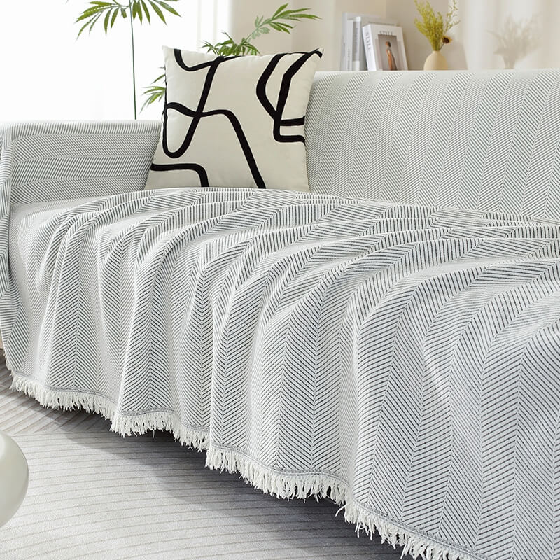 Herringbone Sofa Cover with Tassel Trim Furniture Protector in Five Lengths