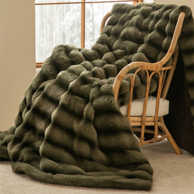 Throw Blanket in Thick Plush with Woven Stripe Pattern for Sofa and Bed Warmth