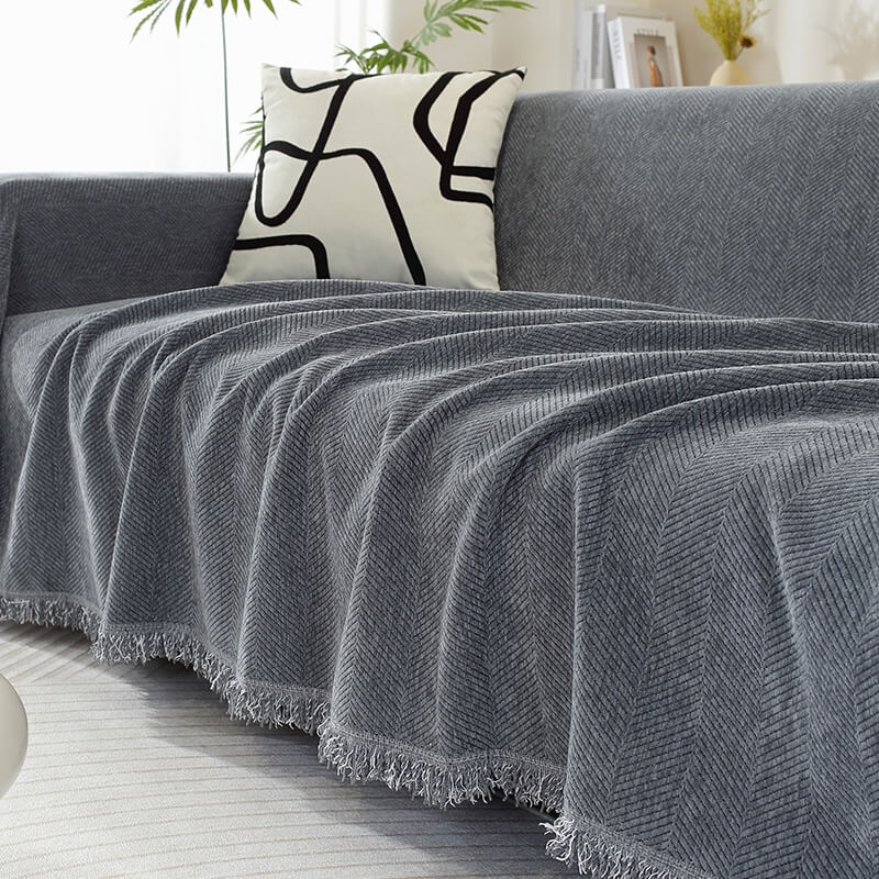 Herringbone Sofa Cover with Tassel Trim Furniture Protector in Five Lengths