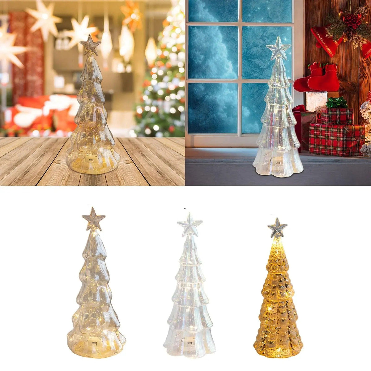 Christmas Lights Glass Look LED Tree Tabletop Bauble in Three Styles